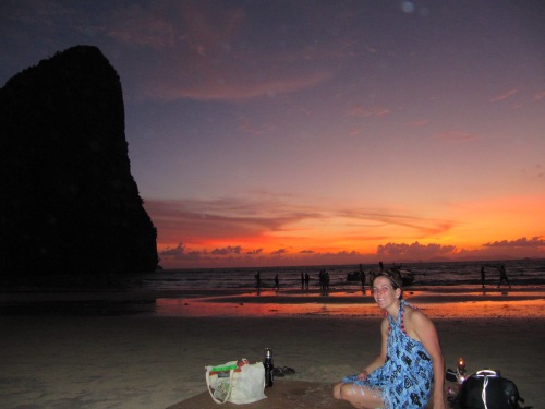 Railay Beach, Krabi. Sunset and beer on beach mats