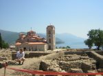 Looking at archaeological dig in front of old Church and lake Ohrid